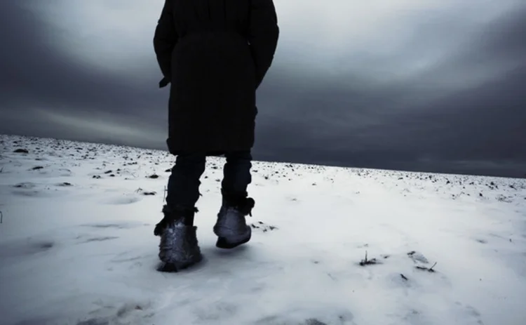 man walks alone in arctic landscape