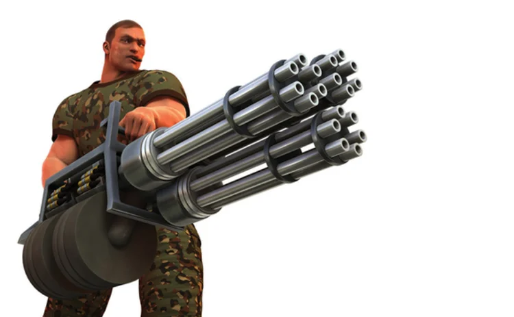 Digital render of cigar smoking fantasy soldier with huge Gatling gun style weapon