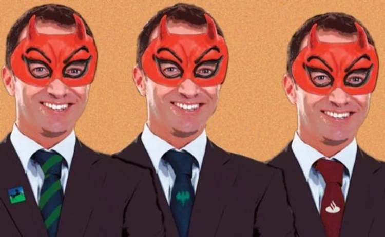 The cover image showing three bank managers wearing devil masks
