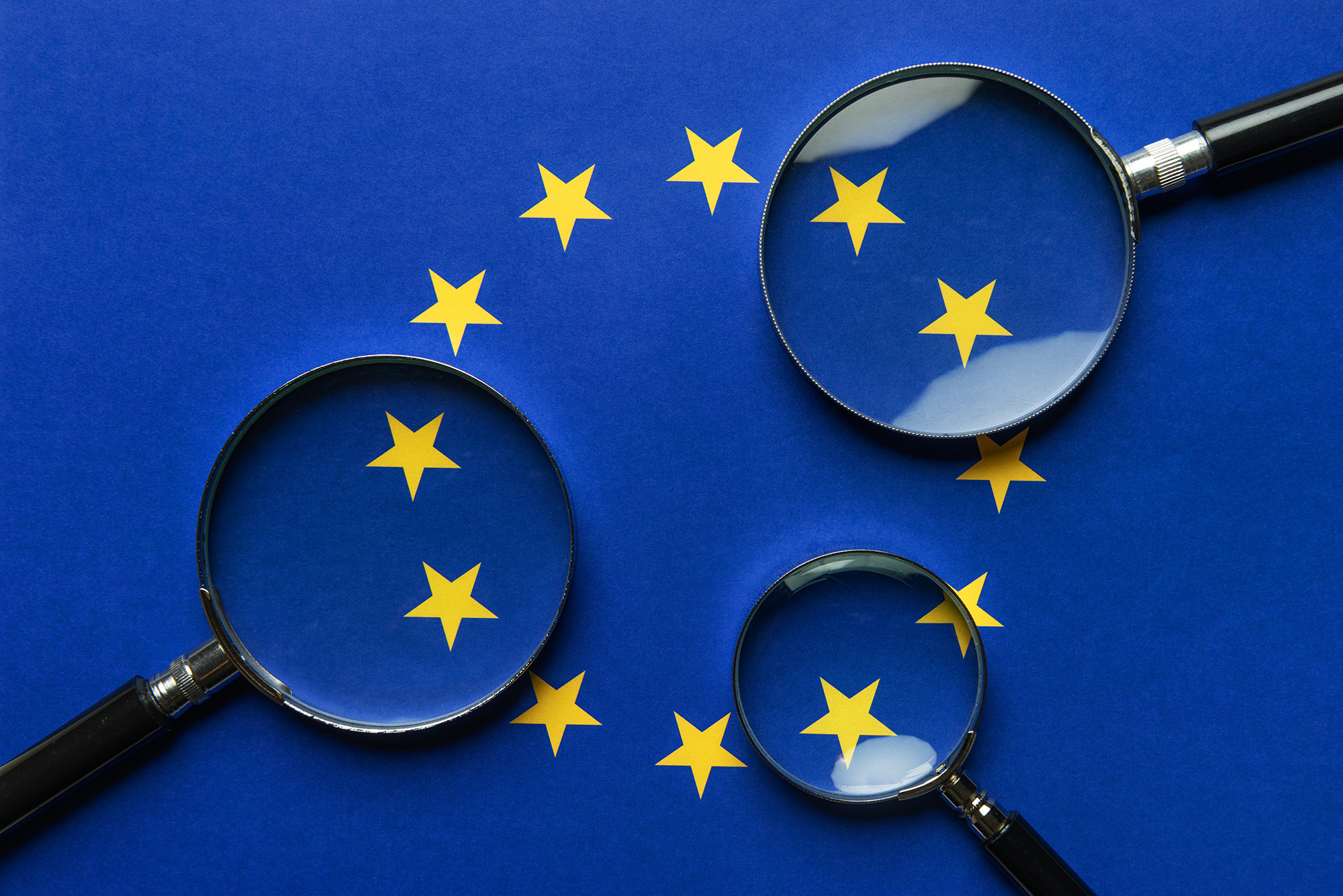 Three magnifying glasses scrutinise the EU flag