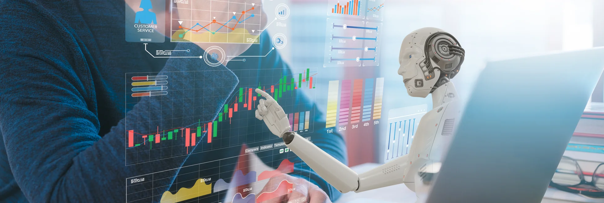 Man sitting in front of laptop, while a virtual robot leans out of the screen and looks at financial data 