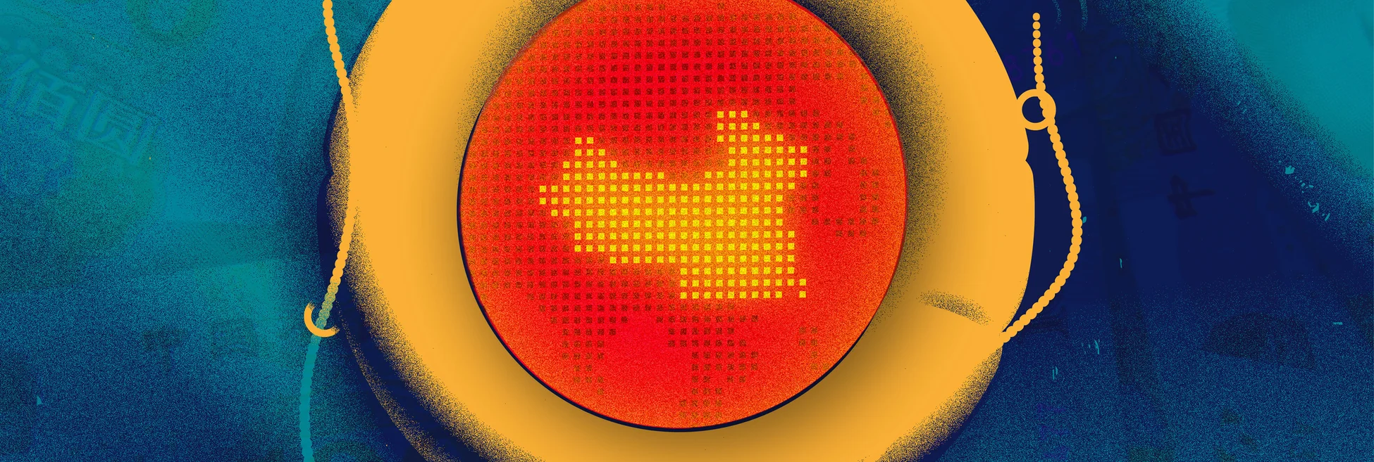 Illo of a lifeline on a sea of RMB with china map inside