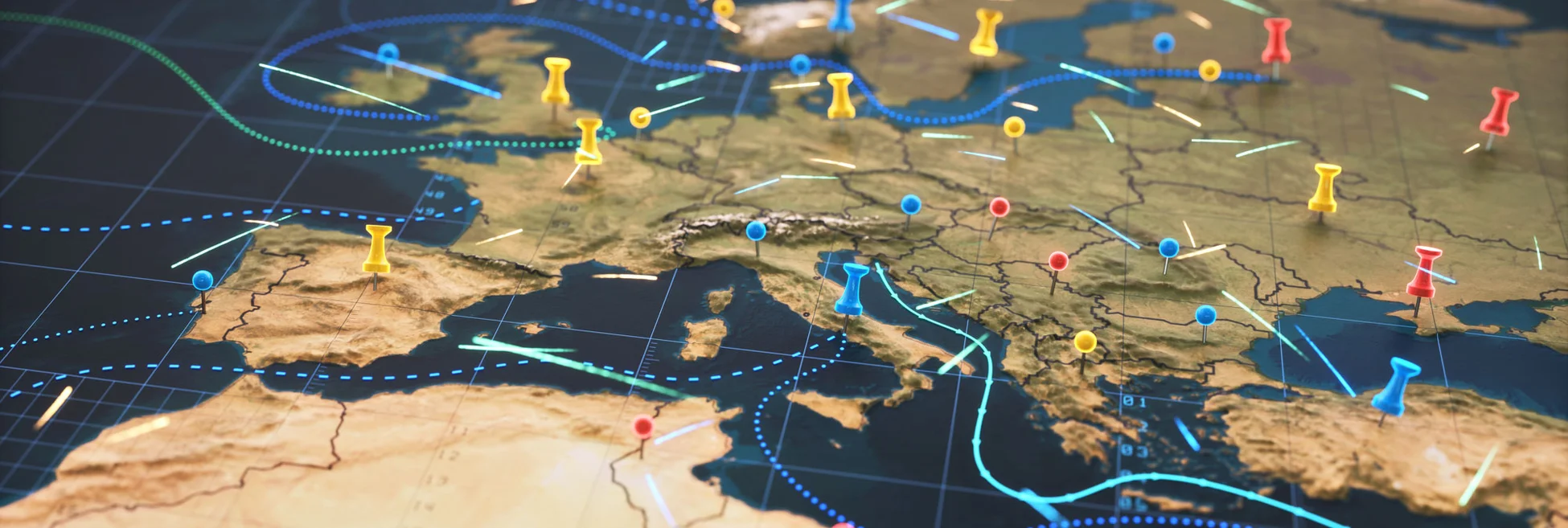European routes shown on a relief map with pins in certain locations