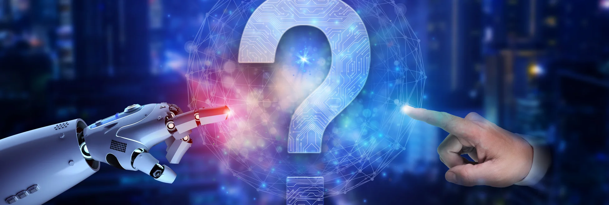 A robot and a human hand both pointing at a glowing question mark