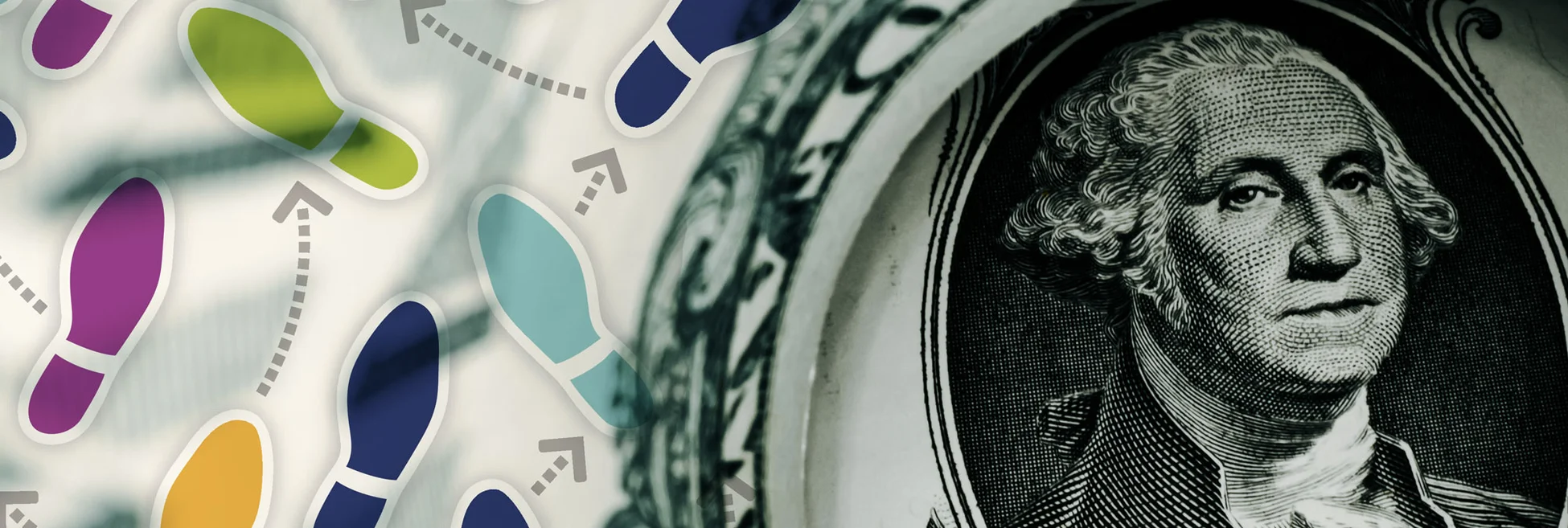 A dollar bill has some dance move foot placements superimposed over it