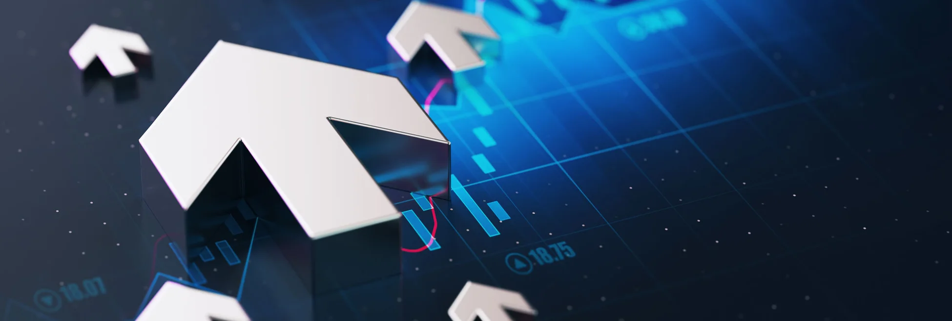 Arrows point upwards over a screen showing chart data