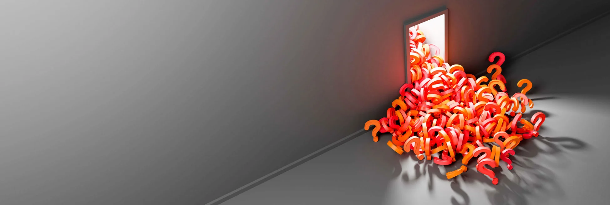 Illustration of lots of 3D question marks spilling through an open door