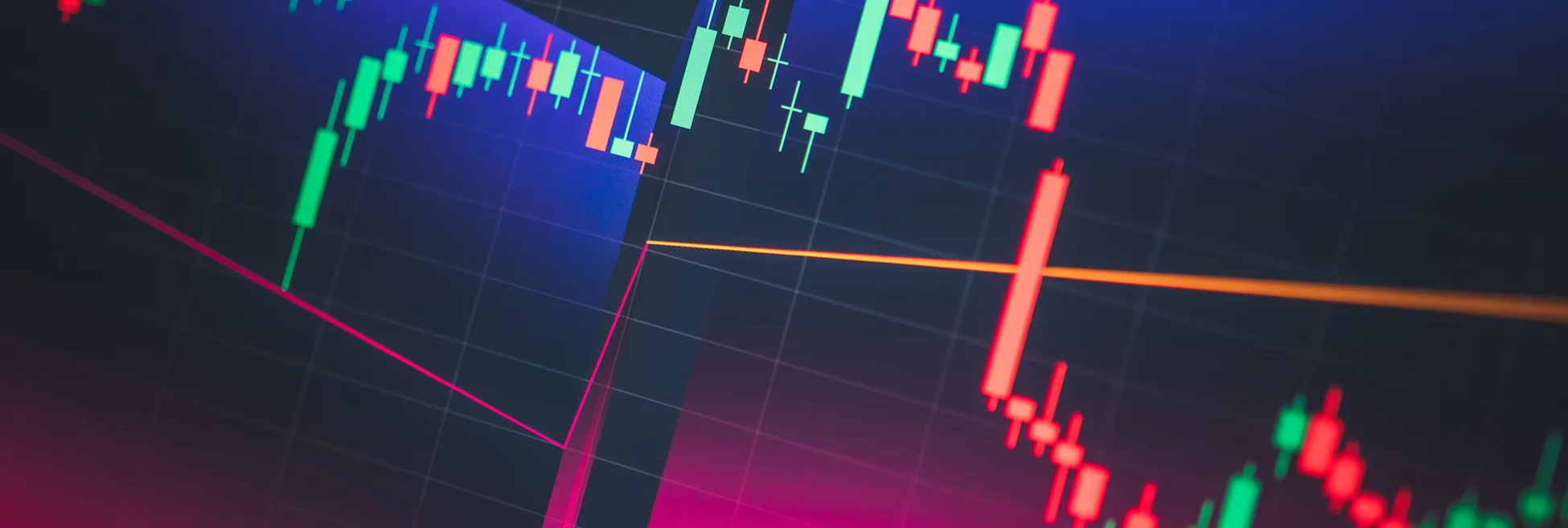 Candlestick chart showing volatility on tech-themed dark background