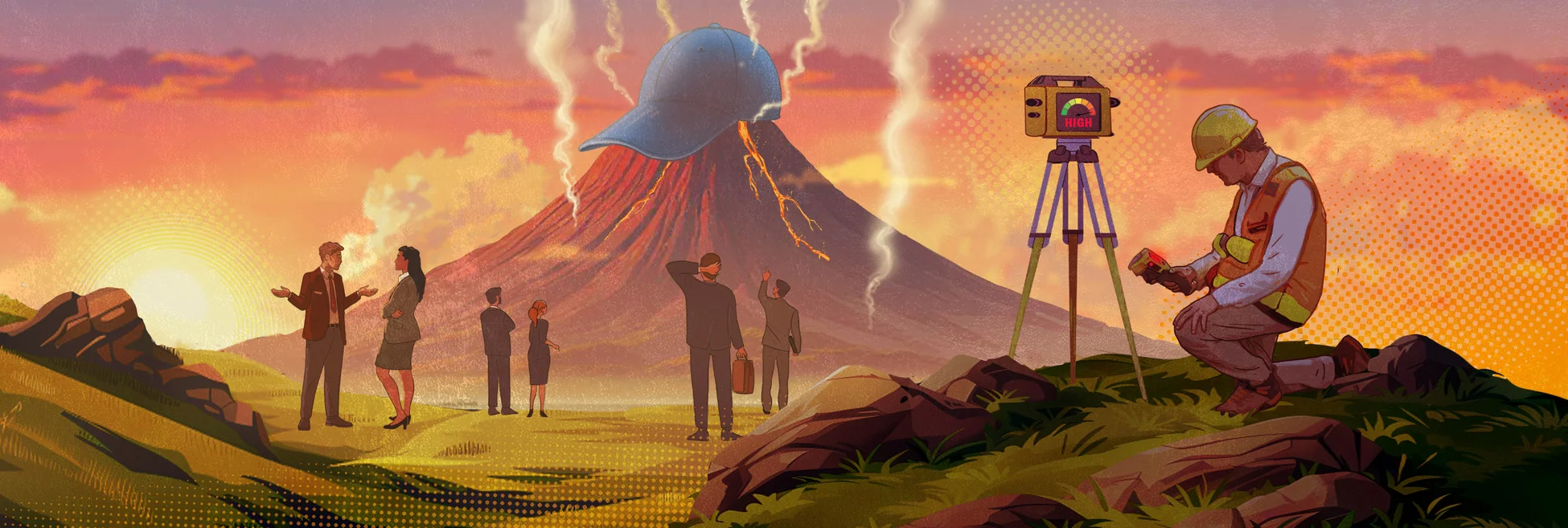 Simmering volcano with baseball cap about to blow