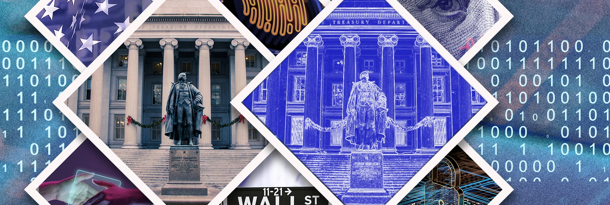 A montage of US Treasury building and tokenisation related images on binary code background 
