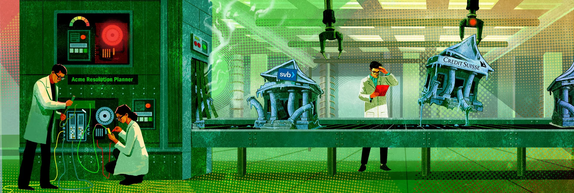 Illustration of a production line machine that is ‘making’ banks, but SVB bank and Credit Suisse have come out wonky. Some technicians are trying to fix the machine.