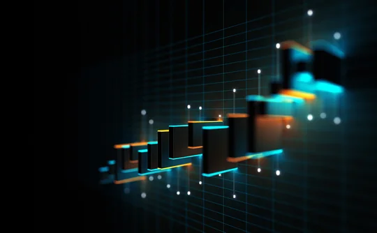 Digital data analysis chart with glowing bars, symbolizing business growth and technology