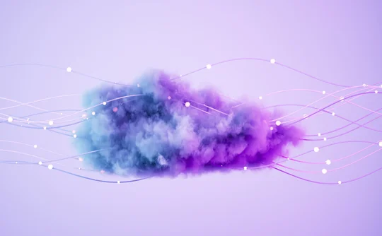Futuristic glowing cloud icon connected by neon wires on a dark background, representing cloud computing and digital networks