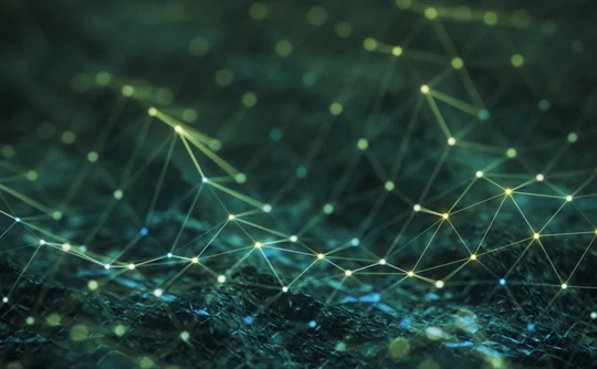 Abstract digital network of connected nodes and data points forming a neural-like grid, representing artificial intelligence, machine learning systems, and interconnected data infrastructure