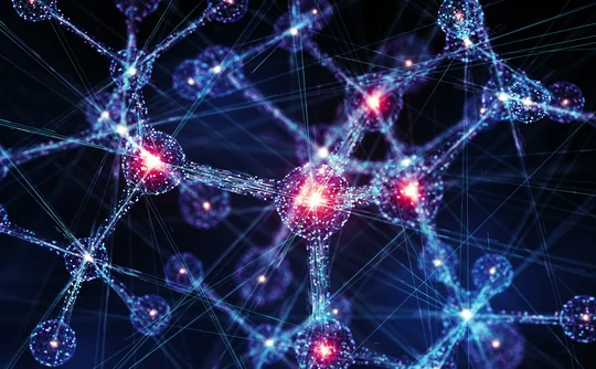 A digitised image of linked molecules glowing in red and blue