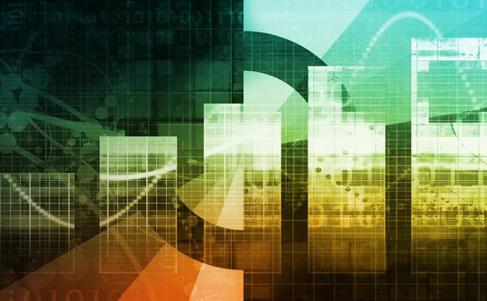 Abstract illustration of an upward bar chart with digital grids, binary code, and data visualisation elements in green and gold tones, symbolising business analytics, AI-driven insights, performance reporting, and digital transformation