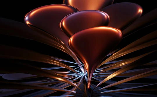 Abstract 3D artwork of glossy copper and dark metallic forms radiating from a central point against a black background, creating a futuristic, flower-like structure