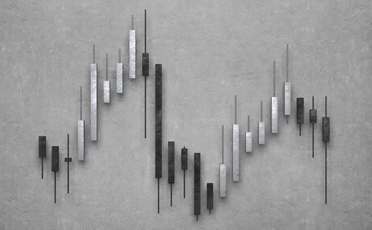Monochrome financial trading chart with black and silver candlesticks on a textured grey background, representing stock market price movements, investment trends and financial market volatility