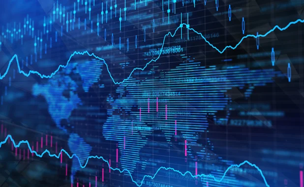 Foreign exchange trading graph lines superimposed over computerised rendering of a flattened map of the earth