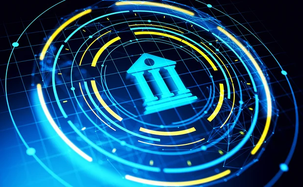 Glowing banking icon in neon digital style, surrounded by converging glowing circles