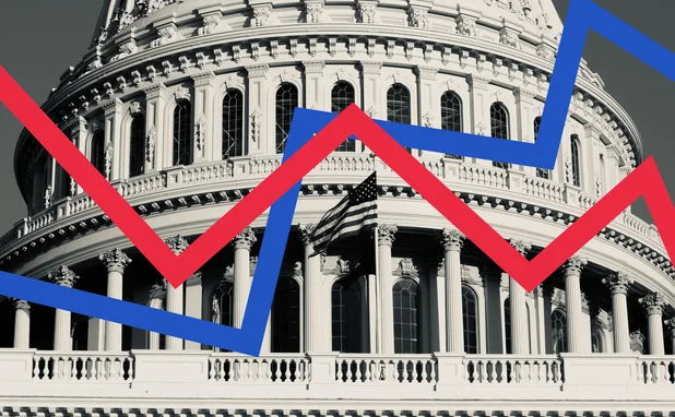 US Senate building overlaid with diverging blue and red CPI lines