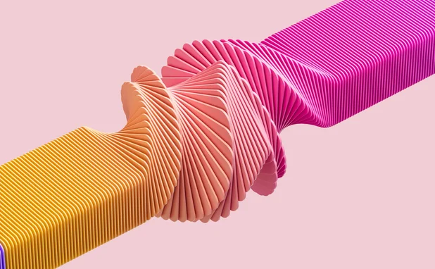 Abstract image of a textured bar, with a twist in the middle, changing from an orange colour to a pink colour after the twist