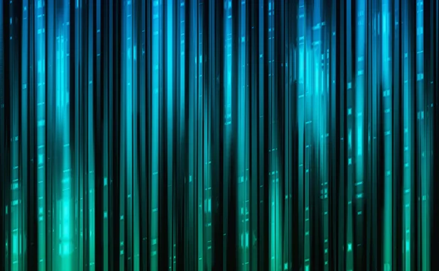 Vertical blue and green digital data streaming lines resembling a curtain