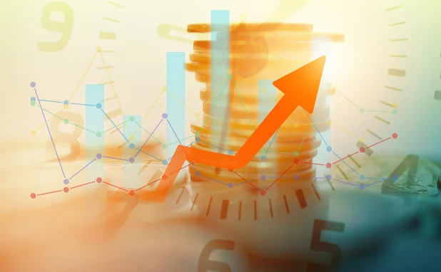 chart, coins, arrows double exposure