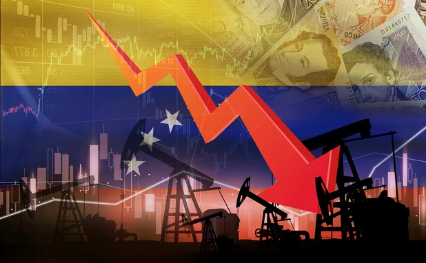 Oil well, petrol stations and downward arrow superimposed over the Venezuelan flag, showing economic decline