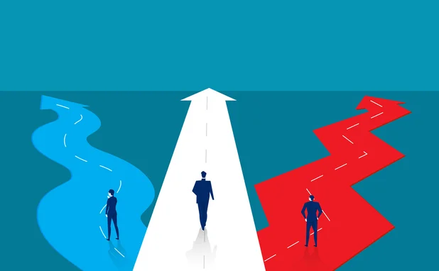 People setting off on different roads