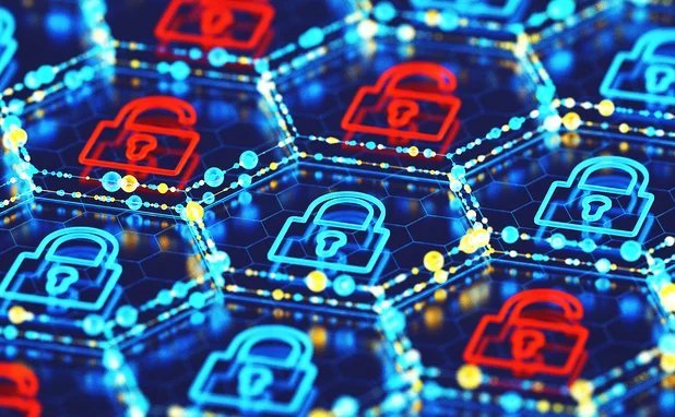 3D-rendered locked blue padlocks and unlocked red padlocks show cyber security protected and breached