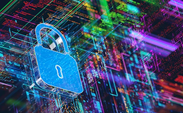 Digital padlock against a background of binary numbers