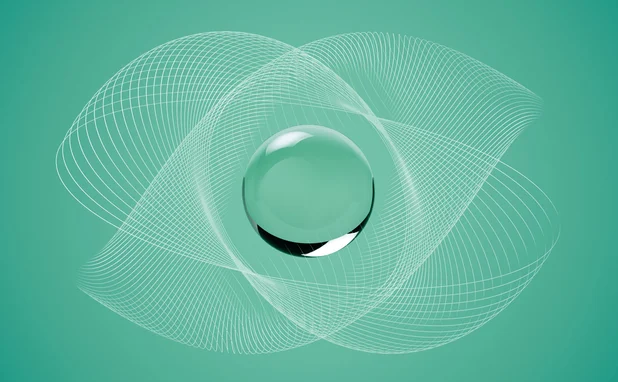 A sphere sits in the middle of some criss-crossing grids on a green background