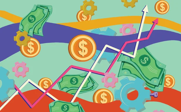 Colourful abstract image of dollars, arrows and wavy patterns