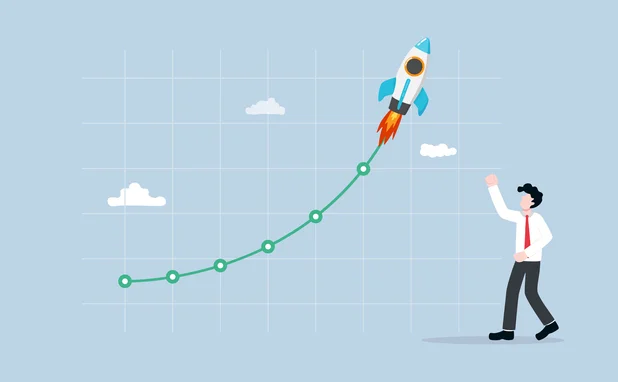 An illustration of a man looking at a rocket taking off. Its contrail is a growth line graph. 
