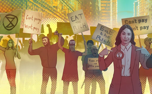 A shouting crowd of protesters with placards are on the street, and in front of them are two smug-looking politicians with ‘vote for me’ badges