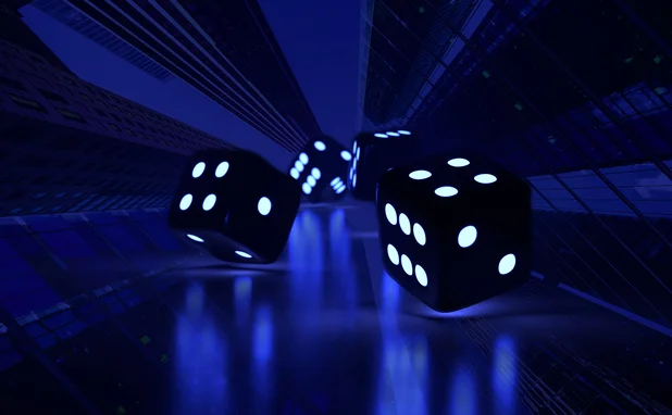 Rolling dice in front of financial institutions