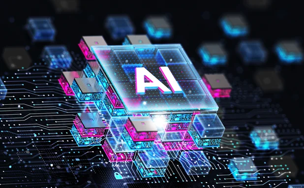 3D rendering of an artificial intelligence processor chip and circuit board