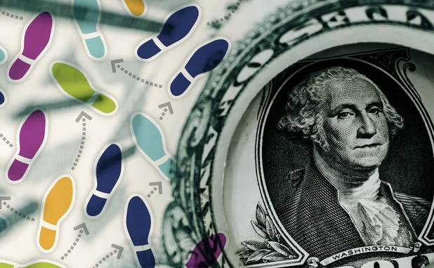 A dollar bill has some dance move foot placements superimposed over it