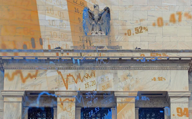 Fed building overlayed with numbers and charts, abstract 