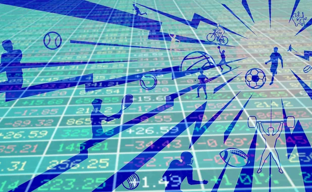 Silhouettes of people playing various sports over a background of electronic stock market data