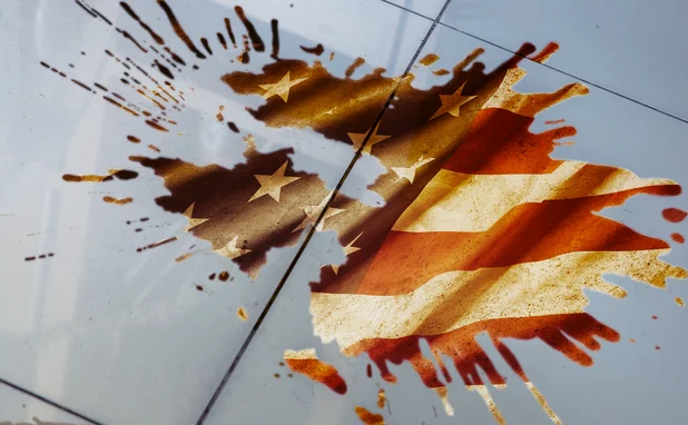 liquid spillage on floor in reflecting US stars and stripes