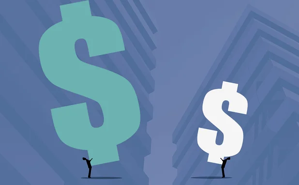 Two figures holding different sized dollar symbols in front of business buildings