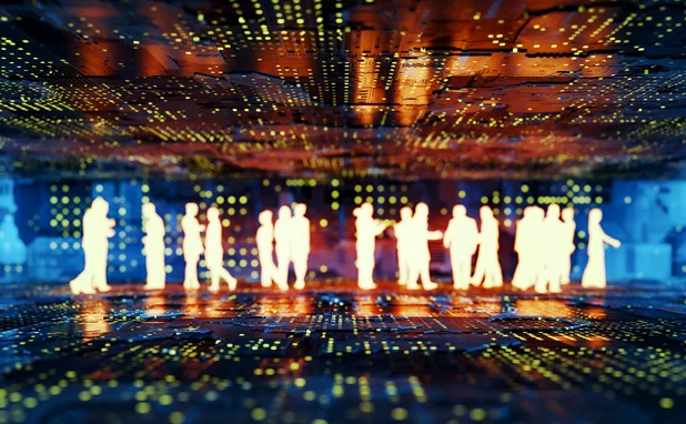 White silhouettes of people in front of a VR background