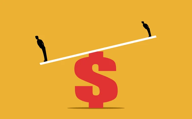 two men, either side of a seesaw, with the seesaw pivoting on a dollar sign and tipping down under the weight of the taller man
