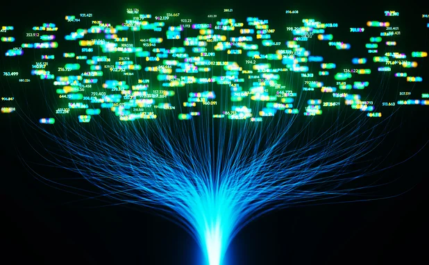 3D rendering of glowing lines and numbers, representing the infrastructure of the internet and interconnected data