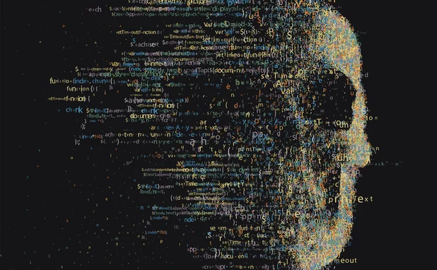 A skull made from software code is eroding as if being blown away