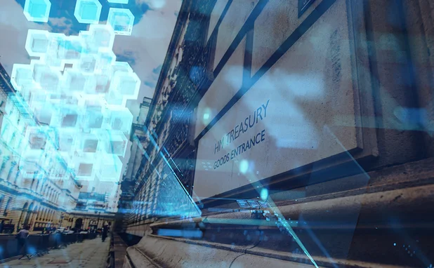 Montage of the UK Treasury building overlaid with blockchain technology rendered in 3D