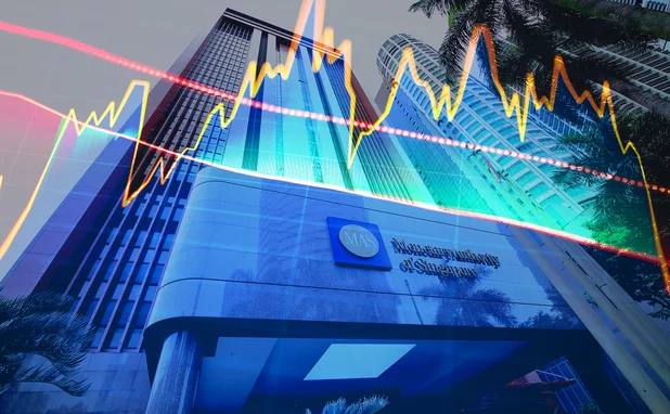 Monetary Authority of Singapore building overlaid with abstract digital graph