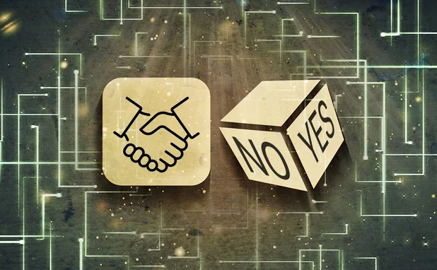 Yes No dice and handshake icon